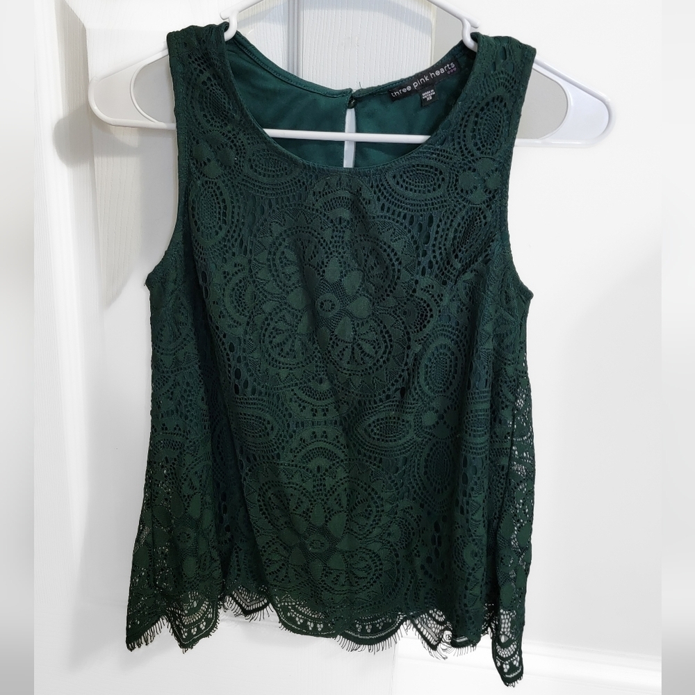Three Hearts Deep Green Lace Top Size XS